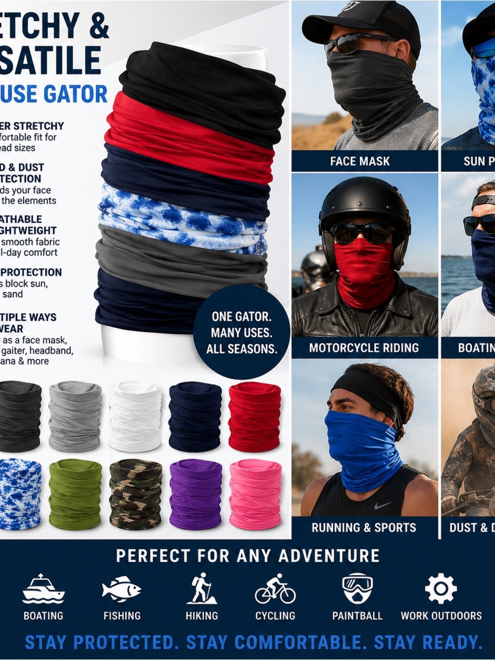 8-Pack Stretchy Neck Gaiters Face Coverings Multi-Color